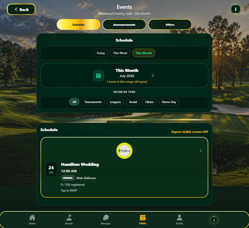 Club events schedule