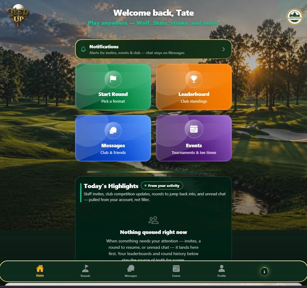 Golfer home dashboard in Tee'd Up