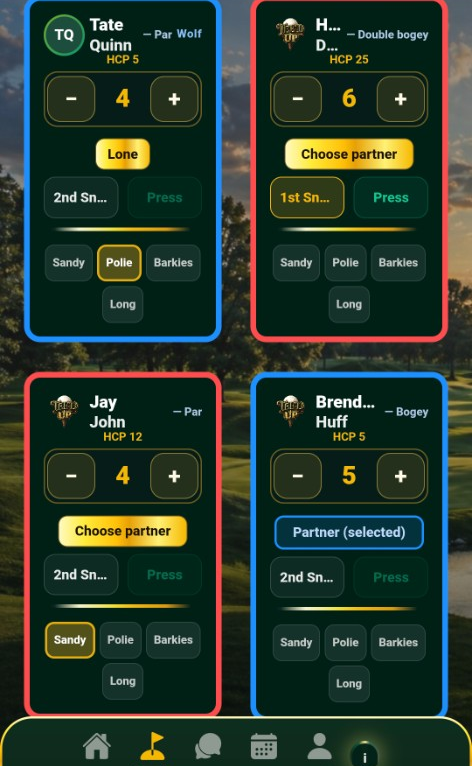 Wolf live gameplay with teams and scores in Tee'd Up